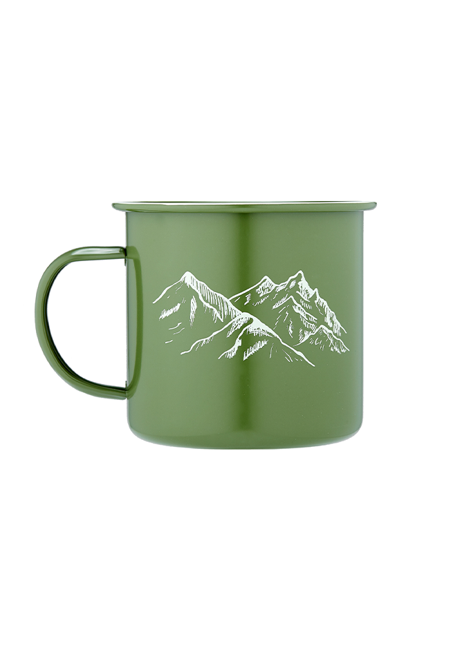 Atticus Enamel Mug featuring motifs such as mountains